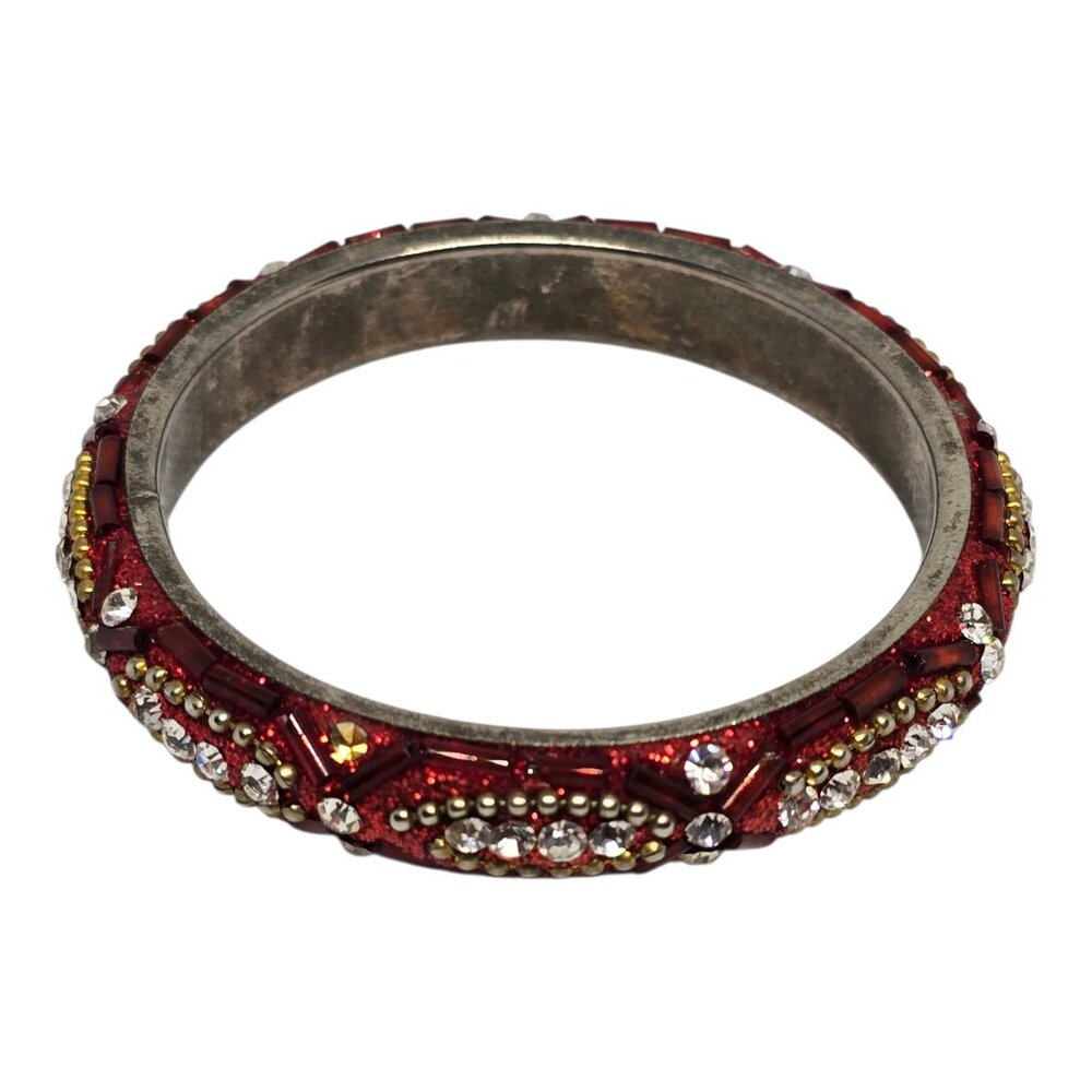 Vintage Red Rhinestone Beaded Metal Bangle‎ Bracelet